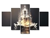 Black and White Canvas Wall Art Mysterious Buddha Sculpture Poster Modern 5 Panel Buddha Zen Canvas Artwork Buddhist Believers Bedroom Home Wall Decor Stretched and Framed Ready to Hang 60x40 in