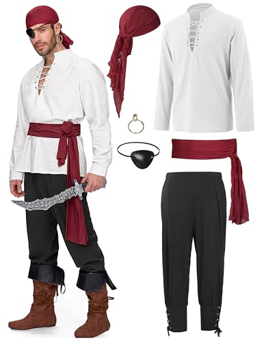 Spooktacular Creations 6 Pcs Men Pirate Costume, Men Renaissance Medieval White Black Viking Pirate Costume with Viking Shirt, Banded Pants,Eye Patch, Bandana,Belt, Earrings for Halloween Cosplay-XXL