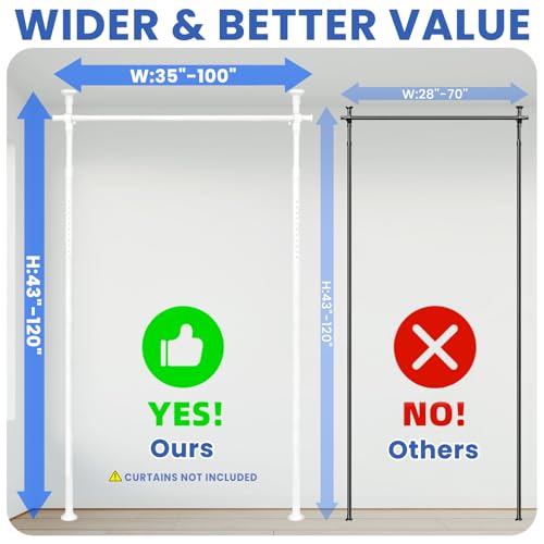 Image of Room Divider No Drill Curtain Rods (W) 35-100inx(H) 43-120in, Adjustable Heavy Duty Tension Pole, Freestanding Partition Wall for Apartment /Dorm /Office, Curtains Not Included- White, 1 Pack