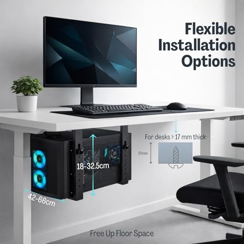 PC Halterung Untertisch Höhenverstellbar – Computerhalterung für Schreibtisch, Universale PC Aufhängung für Tower-Gehäuse, Stabile Metallkonstruktion bis 45 kg, Holder für Büro & Gaming Setup