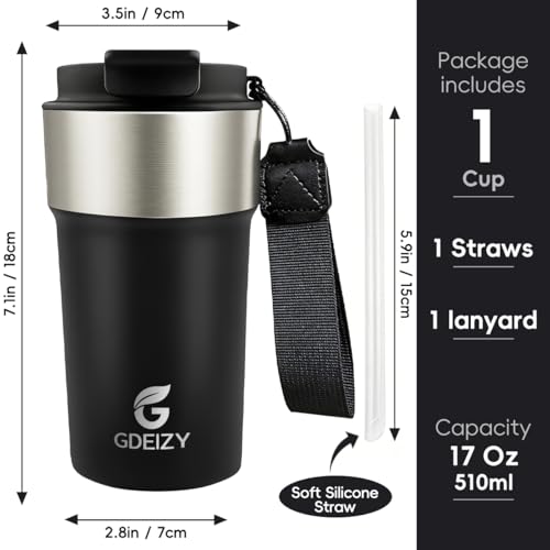 Image of Insulated Travel Coffee Mug, 17oz Stainless Steel Leakproof Flip Straw Cup
