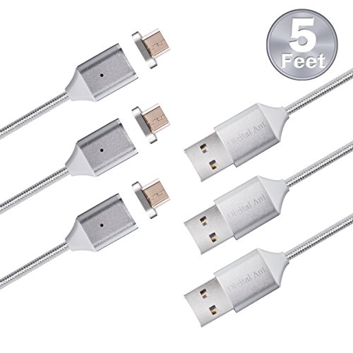 Digital Ant Gen3 Magnetic Charging and Data Sync Cable, Magnetic USB Cable, Compatible for Android Devices with Micro-USB (Silver 3Pack, 5ft)