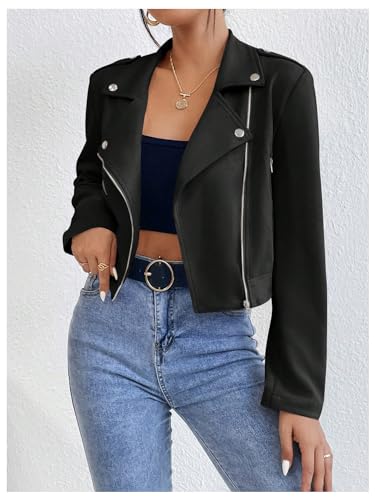 MakeMeChic Women's Faux Suede Cropped Jacket Long Sleeve Lapel Collar Zip Up Moto Biker Jacket Outerwear4