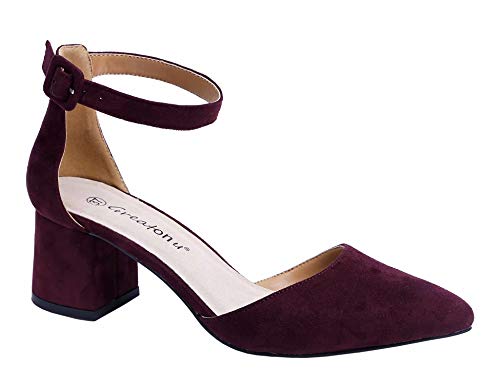 Greatonu Women's Ankle Strap Closed Toe Low Block Heel Wedding Dress Dorsay Pumps Burgundy Size 8