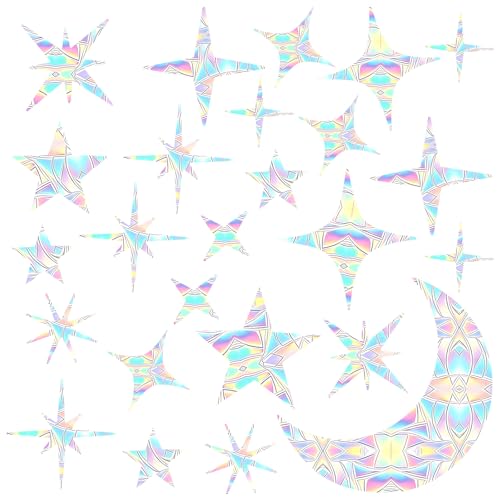 Juankrynord Lot de 44 autocollants pour vitres (étoiles et lunes) – Stickers arc-en-ciel à effet prismatique sans colle, parfaits pour les portes vitrées et les fenêtres de la maison (44 pièces)