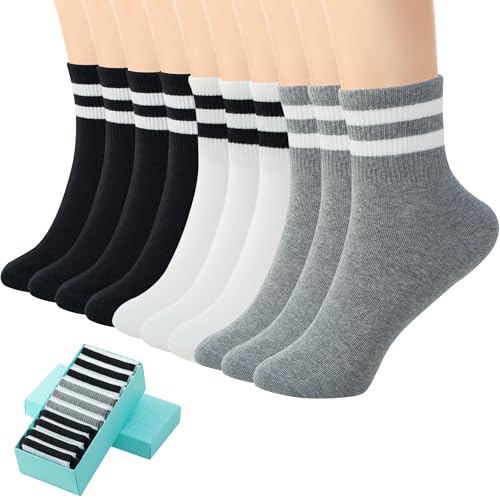 Image of SISOSOCK Quarter Crew Cotton Socks for Women Striped Athletic Casual Breathable Socks 10 Pairs with Gifts Box