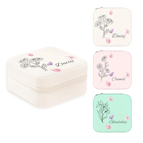 Custom Jewelry Box, Personalized Gifts for Women, Portable Small Travel Jewelry Organizer with Birth Flower & Name, Customized gift for Wedding Bridesmaid Birthday Anniversary Mom Wife Girls