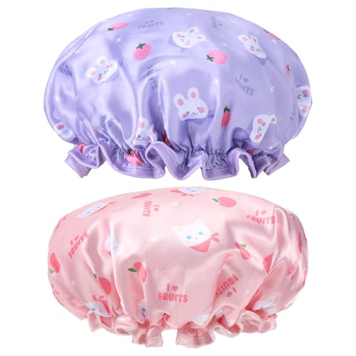 TIESOME Kids Shower Caps 2 PCS Pink & Purple Waterproof Double Layers Shower Caps Cute Rabbit Bonnets Elastic Band Bonnet Satin and Eva Soft Sleeping Cap Reusable Cap for Kids