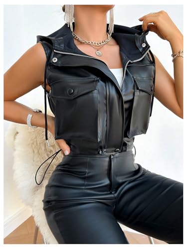 Verdusa Women's PU Leather Zip Up Cropped Vest Sleeveless Hooded Jacket with Pockets4
