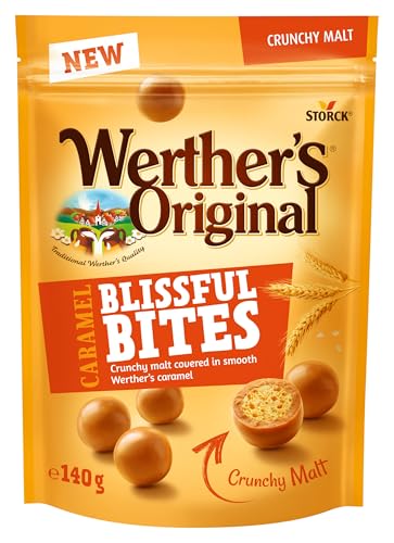 Werther's Original Blissful Caramel Bites Crunchy – 1 x 140 g – Bolas crujientes y aireadas con malta envueltas en caramelo de Werther's suave y cremoso