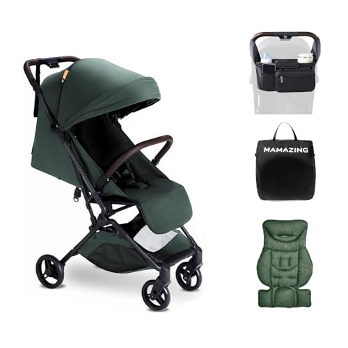 Image of MAMAZING Lightweight Baby Travel Stroller with Carbon Fiber Frame, Compact & Airplane-Friendly, One-Handed Folding Design, 11.6 lbs, Perfect for Toddlers, Organizer & Cushion Included, Green