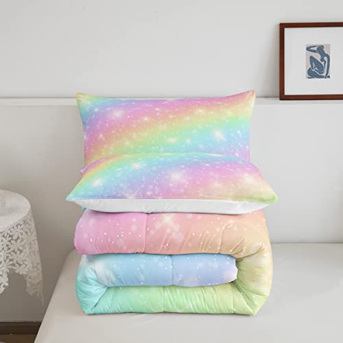 Erosebridal Rainbow Bedding Set For Kids Girls Teens Women Tie Dye Pastel Comforter Set Full Size Golden Stars Glitter Bedding Comforter Set Watercolor Art Girly Quilt Set Sweet Bedroom Decor 3 Piece #TOP4