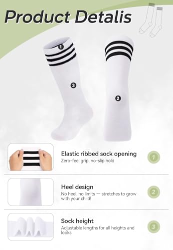 Image of Zando Kids Child Cotton Three Stripes Sport Soccer Team Socks Uniform Tube Cute Knee High Stocking for Boys Girls 1 Pairs White Black One Size