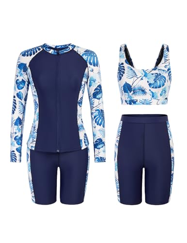Image of JACK SMITH Women's 3 Piece Long Sleeve Rash Guard Swimsuits Zip Front Bathing Suit Tankini Swimsuits UPF 50