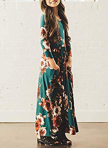 21Kids Girls Maxi Dress Kids Floral Casual 3/4 Long Sleeve Dresses For Girls, Green, 8 Years #TOP1