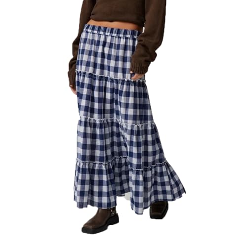 Women Plaid Tiered Maxi Skirt Elastic High Waist Vintage Gingham Pleated Long Skirt Y2K Flowy Swing A Line Skirt