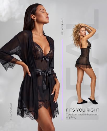 Image of RSLOVE Women Sexy Lingerie Set 3 Piece Babydoll & Lace Kimono Robe Strap Chemise Sleepwear Mesh Nightgown
