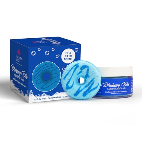 Image of The Body Bucket Blueberry Bliss Sugar Body Scrub- 200g | Included Free Bath Bomb | 3-in-1 Exfoliator, Cleanser, Moisturizer | De-Tan & Brightens Dark Areas| Smooths Strawberry Legs & Arms | Sulfate & Paraben Free
