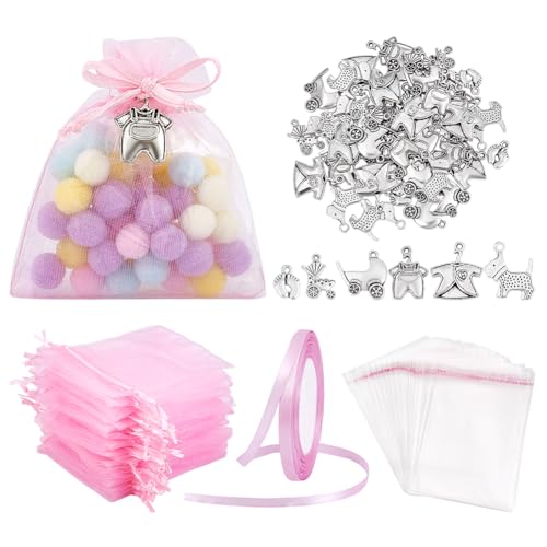 Sacs cadeaux en organza transparent PH PandaHall avec breloques et ruban en satin (60 pièces)