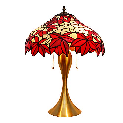 WXDL Tiffany Lampe de Bureau Vintage Feuille D'érable Rouge Vitrail Lampe de Table Table de Chevet Salon Chambre à Coucher Bureau Cadeau Lampe de Chevet avec Base en Fer Sirène, E27,50CM