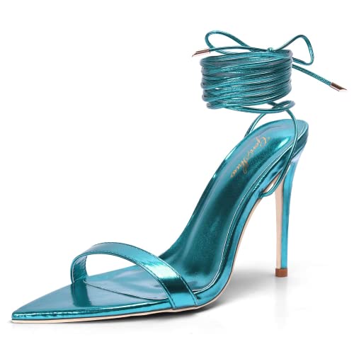 GENSHUO Damen Sexy High Heel Sandalen 11CM Mode Offene Zehe Metallische Stiletto Schnürsandalen Abschlussball Party Hochzeit Spitzen Stöckelschuhe Riemchensandalen Blau Größe 41 EU Cover