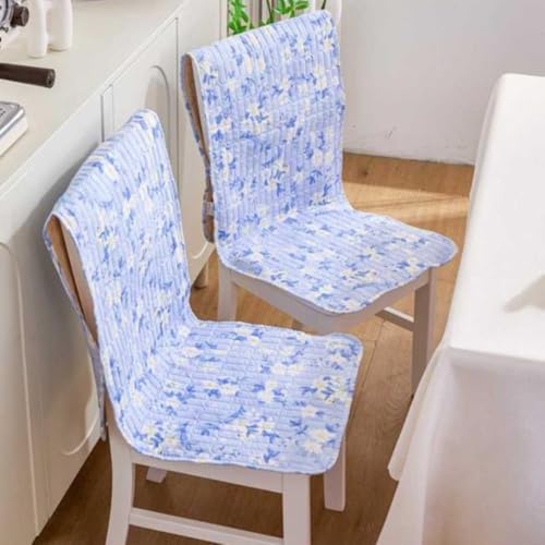 Image of HOMETHREADS Universal-Fit Cotton Fabric Chair Cover Comfortable Cushioned Seating Pad with Anti-Slip Back, Perfect for Kitchen,Dining Room (White SkyBlue, Pack of 2)