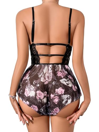 Image of Lilosy Sexy Bows Floral Lace Mesh Babydoll Lingerie Romper