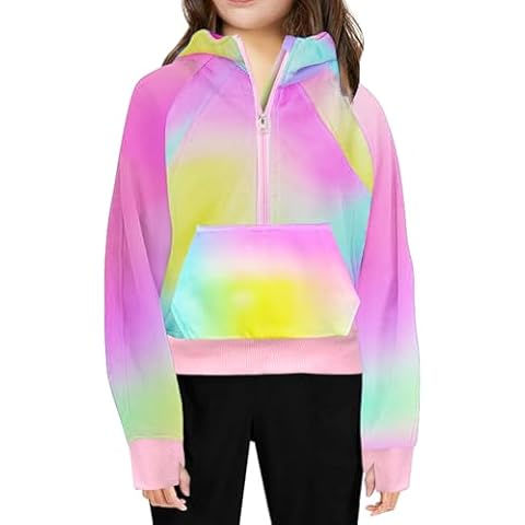 Lattlefnki Girls Half Zip Sweatshirts Collar Zip Up Pullover Hoodies Cropped Long Sleeve Thumb Hole Hoodie Girls 8-9 Years Color Gradate Hoodies Cover