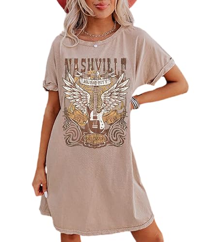 Image of Vintage Rock Country Music Dress for Women Rock Concert Band Graphic Tshirt Casual Letter Print Short Dress