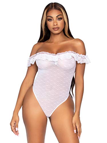 Leg Avenue Women's Lace Ruffle Off The Shoulder Teddy with Snap Crotch, White, O/S