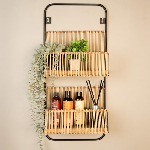 Image of PrettyKrafts 2 Tier Rattan Wall Shelf Storage Basket | Bathroom & Kitchen Organizer | Over-The-Door Natural Hanging Rack | Home Organization Storage Bins & Baskets | Size 30.48x10.16x66.04 Inch