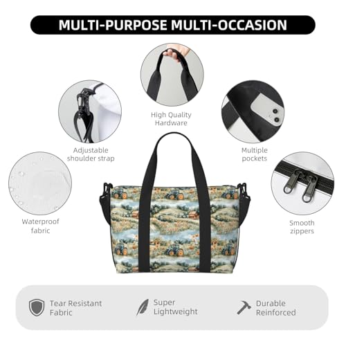 Laptop Tote Bag for Women Work - Village Flower Tractor Print Weekender Overnight Bags for Women Travel, Gym Duffle Bag for Men, Personal Item Crossbody Travel Bags for Men Carry On3