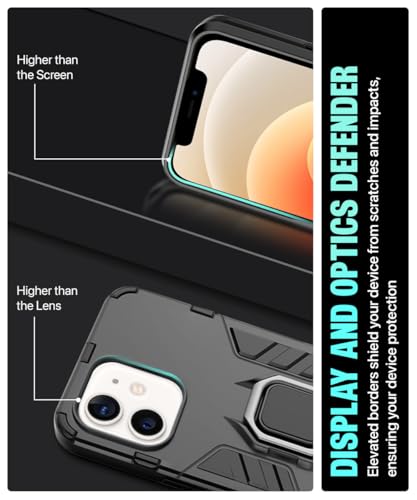 Image of WOW IMAGINE Shock Proof Back Case Mobile Cover for Apple iPhone 12 (Armor | Hybrid PC + TPU | Full Protection with Ring Holder Kickstand | Carbon Black)