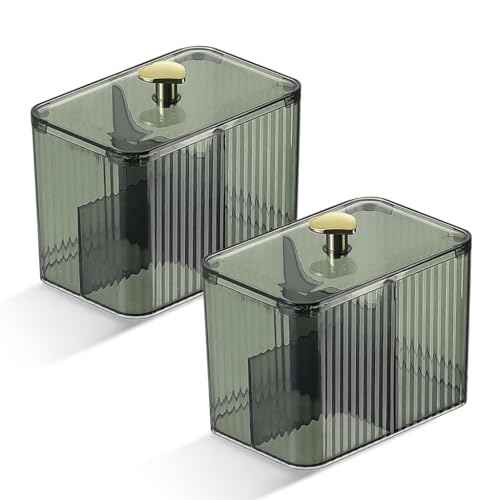 Image of KiZY Cotton Swab Holders, Acrylic Cotton Pad Holder, Qtip Holder with Lid, for Bathroom Canister Storage Organization, Vanity Cosmetic Makeup Organizer (Green Pack-2, B)