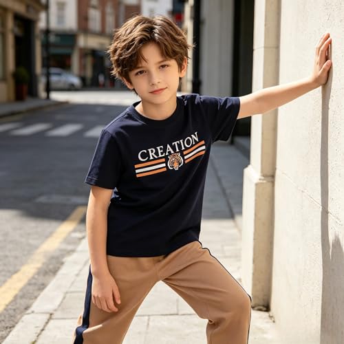Image of Yoxindax Tween Boy Clothes 2-Piece Letter Print Tee And Color-Block Pants Summer Outfits