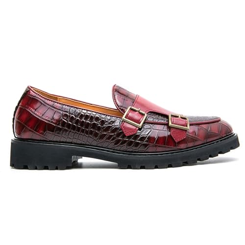 Men's Dress Loafers Double Monk Strap Leather Slip On Loafers Burgundy Crocodile Pattern with Lug Sole Business Formal Casual Dress Shoes2