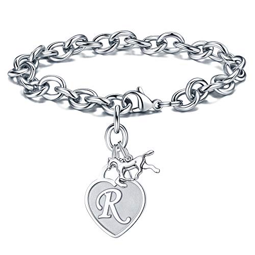 Turandoss Horse Gifts for Women Charm Bracelets, Letter R Initial Bracelet Expandable Charm Bracelet Jewelry Gifts for Girls Initial Horse Charm Bracelet for Granddaughter Link Charm