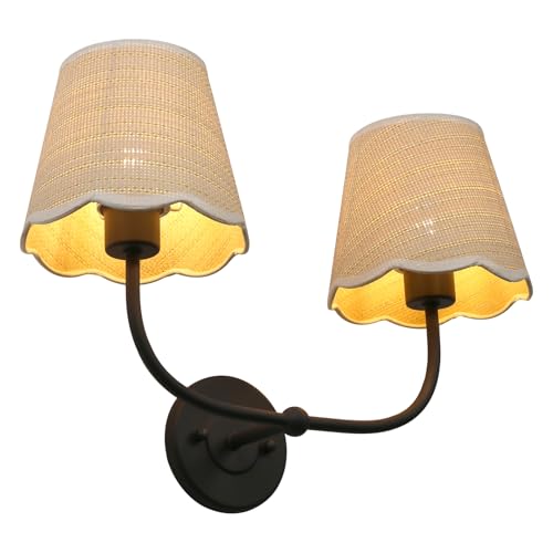 Image of Phansthy Industrial Hardwired Wall Sconce Vintage Farmhouse Wall Light, Boho Brass Finished Wall Lamps with Natural Rattan Woven Lampshade for Bedroom, Living Room (Black, Two-Light)