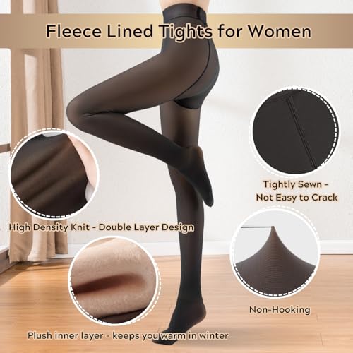 Fleece Lined Tights for Women, Warm Fake Sheer Pantyhose Leggings Thick Translucent Thermal Stockings3