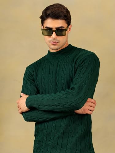 Image of Kvetoo Men's High Neck Cable Knit Sweater | Winter Pullover | Warm Wool Blend |Casual Full Sleeve Sweater for Men | Stylish Ribbed Neck Slim Fit Winterwear