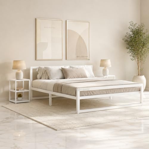 Image of Queen Size Metal Bed Frame | Queen Metal Bed | Queen Iron Bed | QueenSize Steel Bed | Heavy Duty Platform Bed | Wrought Iron Bed | Double Bed Cot | Steel Slats | No Box Spring Needed |White