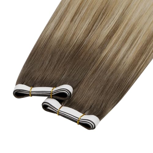 Image of LaaVoo Tape Weft Hair Extensions Balayage Blonde Tape in Weft Human Hair Extensions Light Brown to Blonde with Platinum Blonde Genius Tape in Extensions Seamless 22inch 50G
