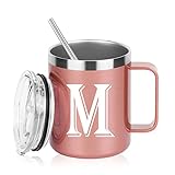 Aletege Letter M Stainless Steel Insulated Mug with Handle, Personalized Initial Mug, Gifts for Women Men Wedding Birthday Graduation Party Letter M 12OZ Rose Gold