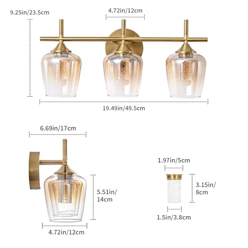 Image of foucasal 3 Light Brushed Gold Vanity Lights, Dimmable 5CCT Bathroom Light Fixtures with Gradient Glass Shades, Modern LED Vanity Lights for Over Mirror Bedroom Hallway