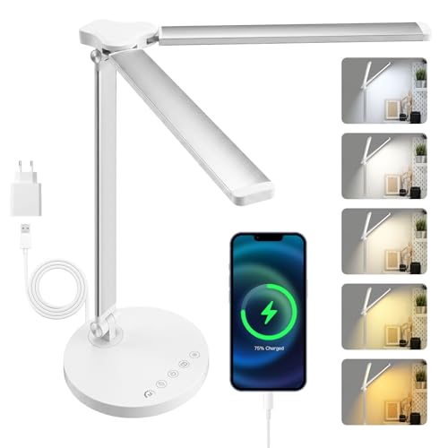 Focenat Lámpara Escritorio LED, Flexo LED Escritorio, Lámpara de Mesa LED, 5 Modos de Color, 10 Niveles de Brillo, Temporizador de 45min, para el Hogar Oficina Dormitorio Lectura