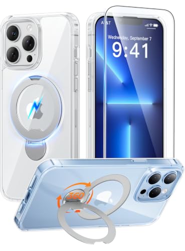 Image of FNTCASE for iPhone 13 Pro-Max Case: [360 Spin Magnetic Stand] [Compatible with Magsafe] [Screen Protector] Clear Magnetic Phone Cases Anti Yellowing Shockproof Protective Phone Cover - Clear