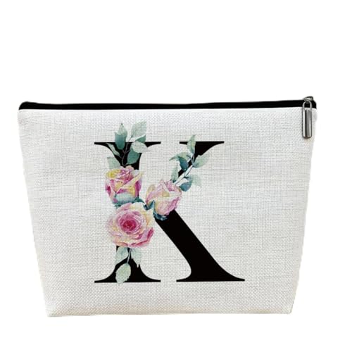 Bolsa de maquiagem inicial bolsa de viagem, bolsa de cosméticos personalizada monograma K, presente de monograma de aniversário de Ação de Graças para mulheres, noiva, professora, sobrinha, presente