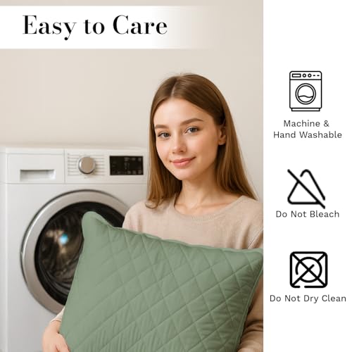 Image of LINENWALAS Cotton Quilted Pillow Cover - Set of 2 | Ultra-Soft, Cooling & Breathable | Skin & Hair Friendly |Zipper Closure | Sweat-Absorbent & Hypoallergenic (18x28 Inches, Avocado Green)