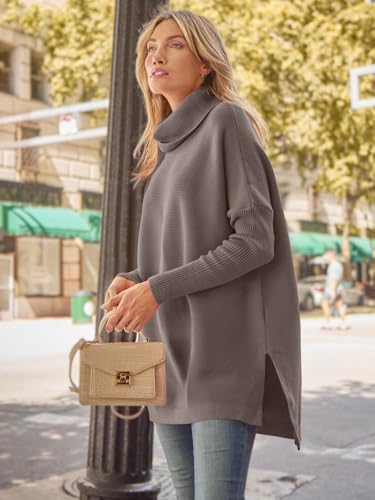 Image of LILLUSORY Women's Turtleneck Oversized Sweaters Long Batwing Sleeve Spilt Hem Tunic Pullover Knit Tops