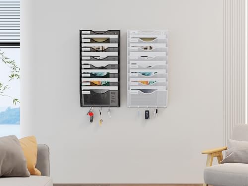 EasyPAG 8 Fächer Metall A4 Zeitschriften Wandhalter Zeitschriftenhalter Wand Aktenablage Dokumentenhalter Magazin Wandhalterung Post Organizer Prospektspender Flyerhalter Hängend mit 5 Haken,Weiß